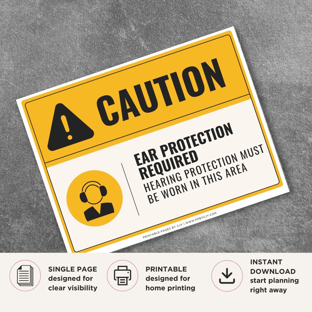 Caution Ear Protection Required Sign Printable Safety Notice yellow black
