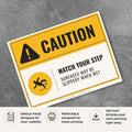 Printable Slippery When Wet safety sign with caution header, slip hazard icon, and Watch Your Step warning for wet floors and potentially slippery surfaces.
