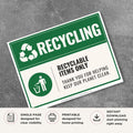 Printable Recyclable Items Only recycling sign featuring a green recycling design, recycling disposal symbol, and recycling bin label for recyclable material collection and waste management areas.
