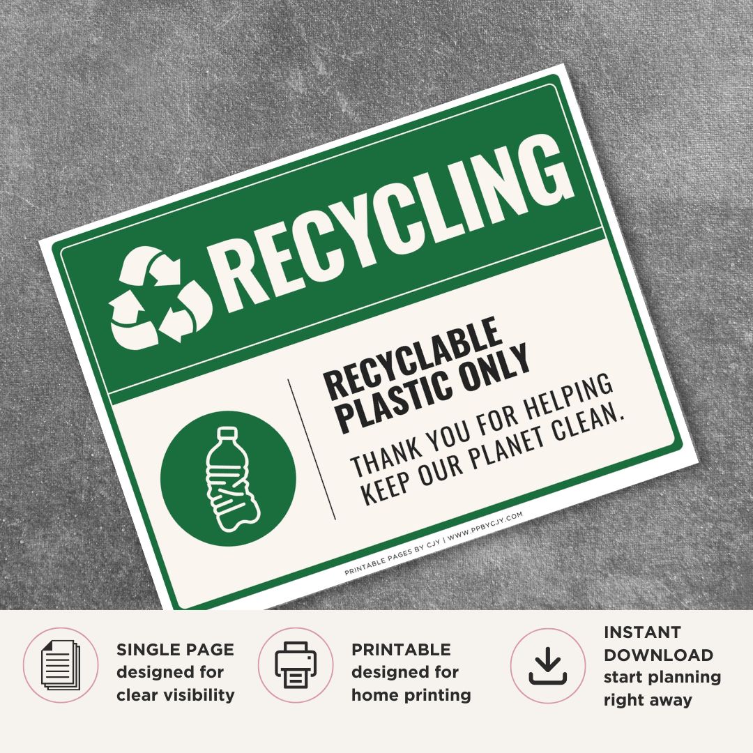 Printable Recyclable Plastic Only recycling sign featuring a green recycling design, plastic bottle symbol, and bin label for plastic recycling collection and waste management areas.

