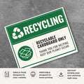 Printable Recyclable Cardboard Only recycling sign featuring a green recycling design, cardboard box symbol, and recycling bin label for cardboard collection and waste management areas.
