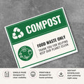 Printable Food Waste Only compost sign featuring a green recycling design, compost symbol, and food waste disposal message for compost bins and sustainability programs.
