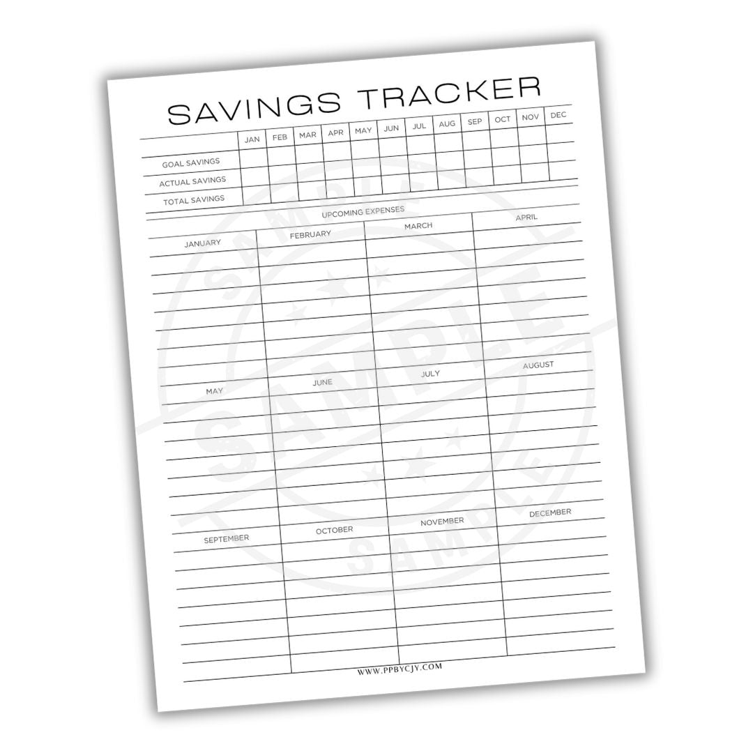 Savings tracker sheet with columns for months and expenses on a white background