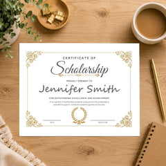 A scholarship certificate printed on a white card with elegant gold decorative borders and black script text, styled on a wooden desk with a coffee cup, notebook, pen, and small plant.