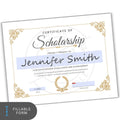 Scholarship certificate template with decorative elements on a white background