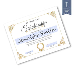 Printable personalized scholarship certificate template with editable name date and signature fields for academic achievement awards
