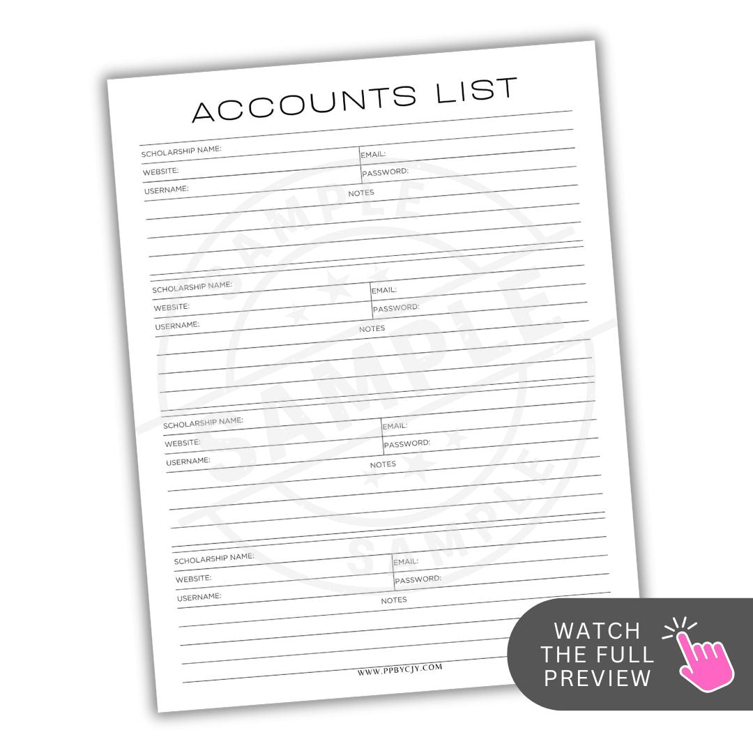 Accounts list template with columns for scholarship name, website, email, username, password, and notes on a white background.