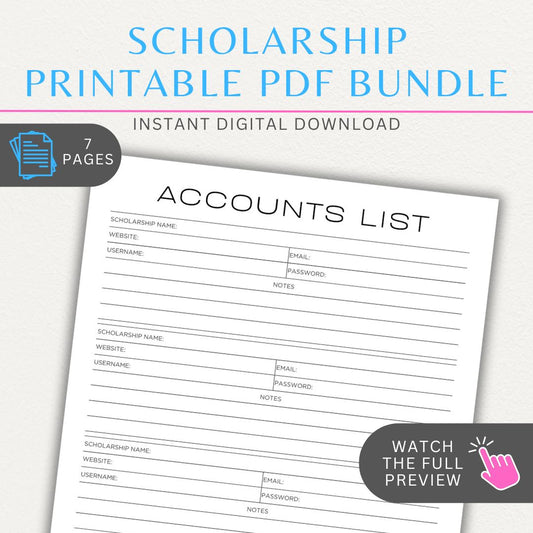 Scholarship Planner Printable PDF Template Bundle with trackers, checklists, and semester planners to organize scholarship applications and deadlines.

