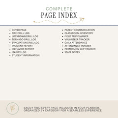 A digital preview of a complete page index for a school or emergency drill planner, showing a list of included pages organized in two columns on a light beige background.