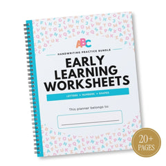 A spiral-bound workbook titled 'Early Learning Worksheets' with a white cover, colorful alphabet pattern, turquoise side panel, and a gold circular badge reading '20+ Pages'.