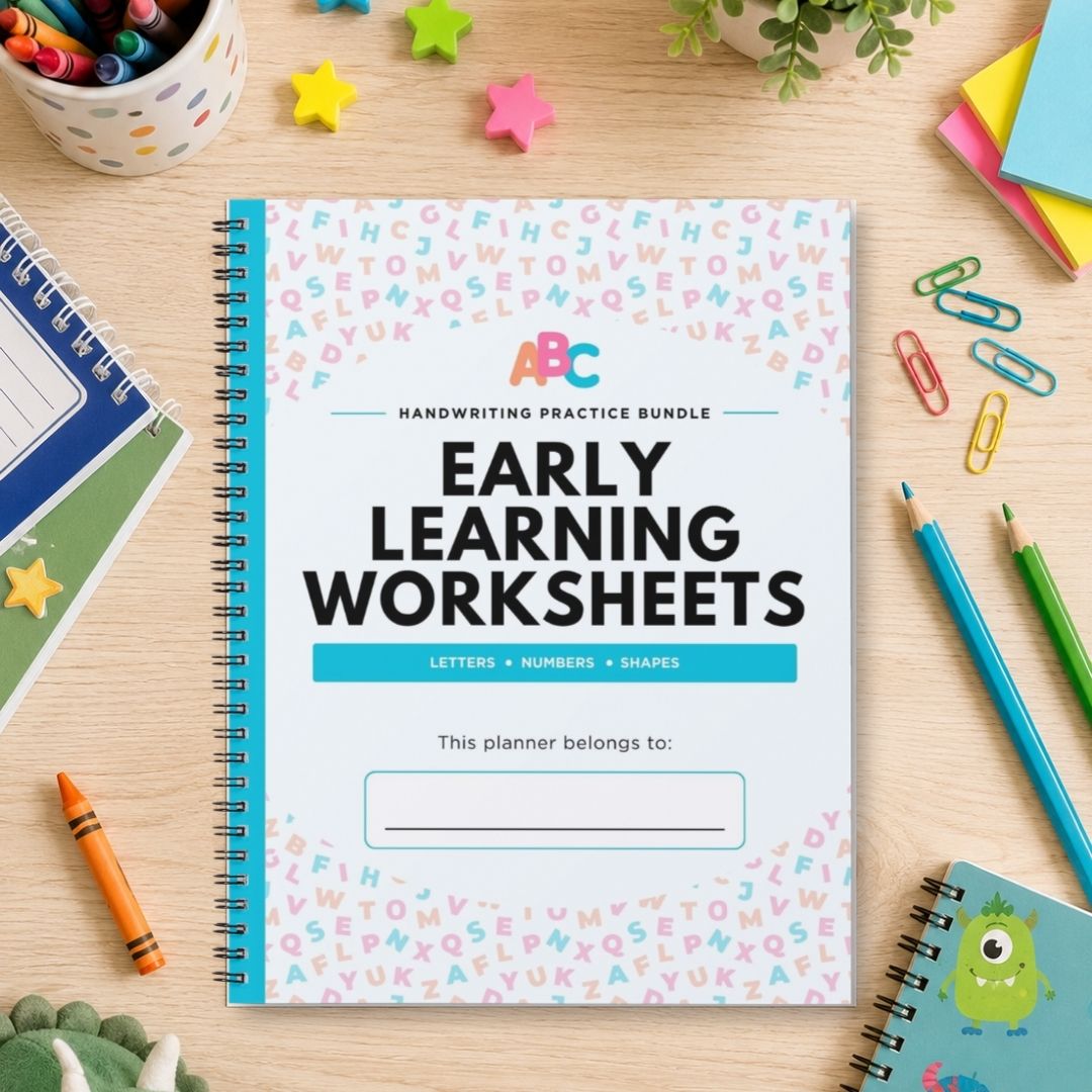 A spiral-bound workbook titled 'Early Learning Worksheets' lies on a light wood desk surrounded by school supplies, including colored pencils, paper clips, star stickers, crayons, and another notebook.