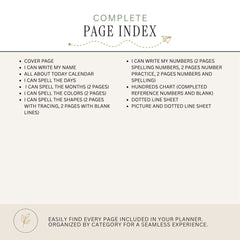A promotional graphic for a complete page index planner insert, featuring a list of included writing and organization activities on a light beige background with a darker beige footer.