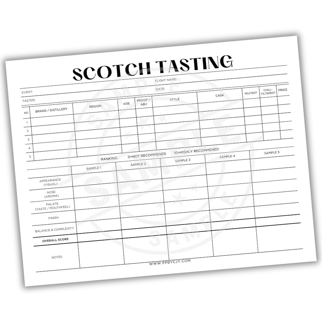 Scotch tasting sheet with columns for brand, region, age, proof, style, case, peatiness, filteration, price, appearance, nose, taste, palate, finish, balance & complexity, and overall score.