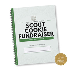 A spiral-bound 'Scout Cookie Fundraiser' planner shown at an angle on a white background. The cover is a very light mint green with a subtle damask pattern, featuring bold black text and green accents.