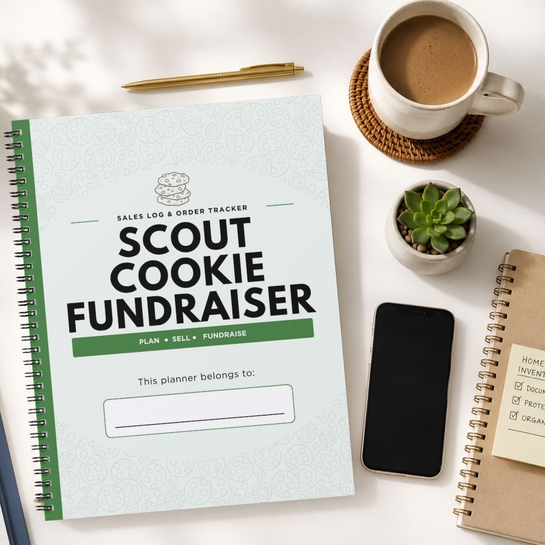 A spiral-bound planner titled 'SCOUT COOKIE FUNDRAISER' lies on a white desk, surrounded by a cup of coffee, a pen, a small succulent, a smartphone, and another notebook.