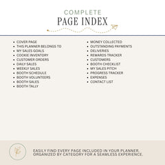 A digital preview of a 'Complete Page Index' for a planner, showing a list of included pages organized by category on a light beige background with a darker beige footer banner.