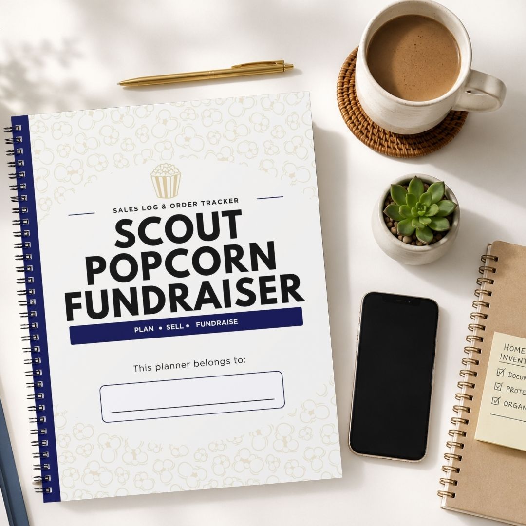 A spiral-bound planner titled 'SCOUT POPCORN FUNDRAISER' lies on a white tabletop, surrounded by a cup of coffee, a pen, a small succulent, a smartphone, and another notebook.