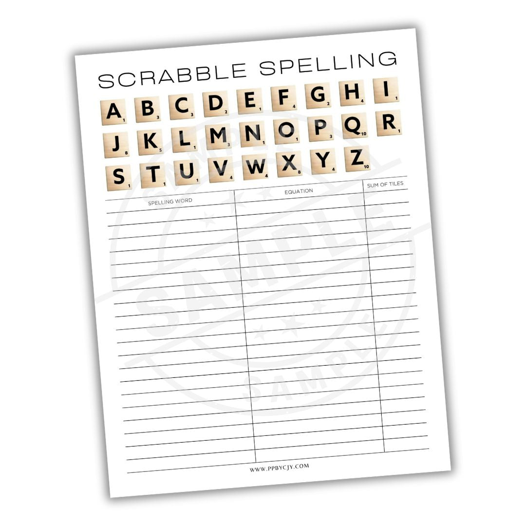 Scrabble spelling worksheet with letter tiles on a white background
