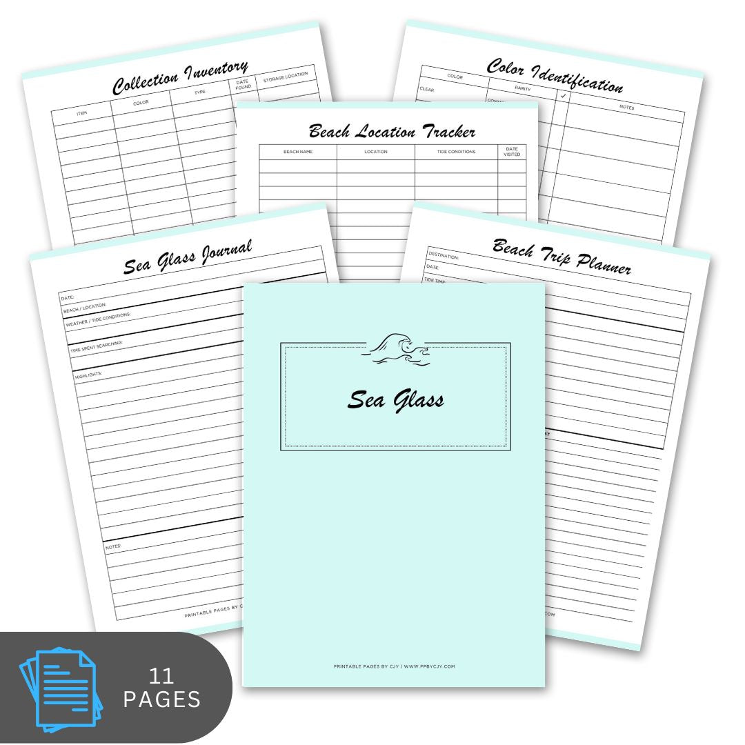 Set of printed pages from a 'Sea Glass' collection with various forms on a white background.