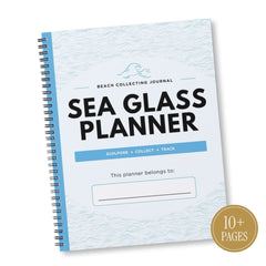 Beach Collecting Journal 'Sea Glass Planner' with a white ocean-wave patterned cover, blue accents, and a gold '10+ Pages' badge, shown on a white background.