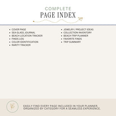 A digital preview of a complete page index for a sea glass journal and beach location tracker planner, showing a list of included pages on a warm beige background.