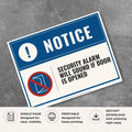 Printable Security Alarm Will Sound If Door Is Opened sign featuring a professional blue notice design, door warning symbol, and building security message for offices, warehouses, retail stores, and commercial properties.