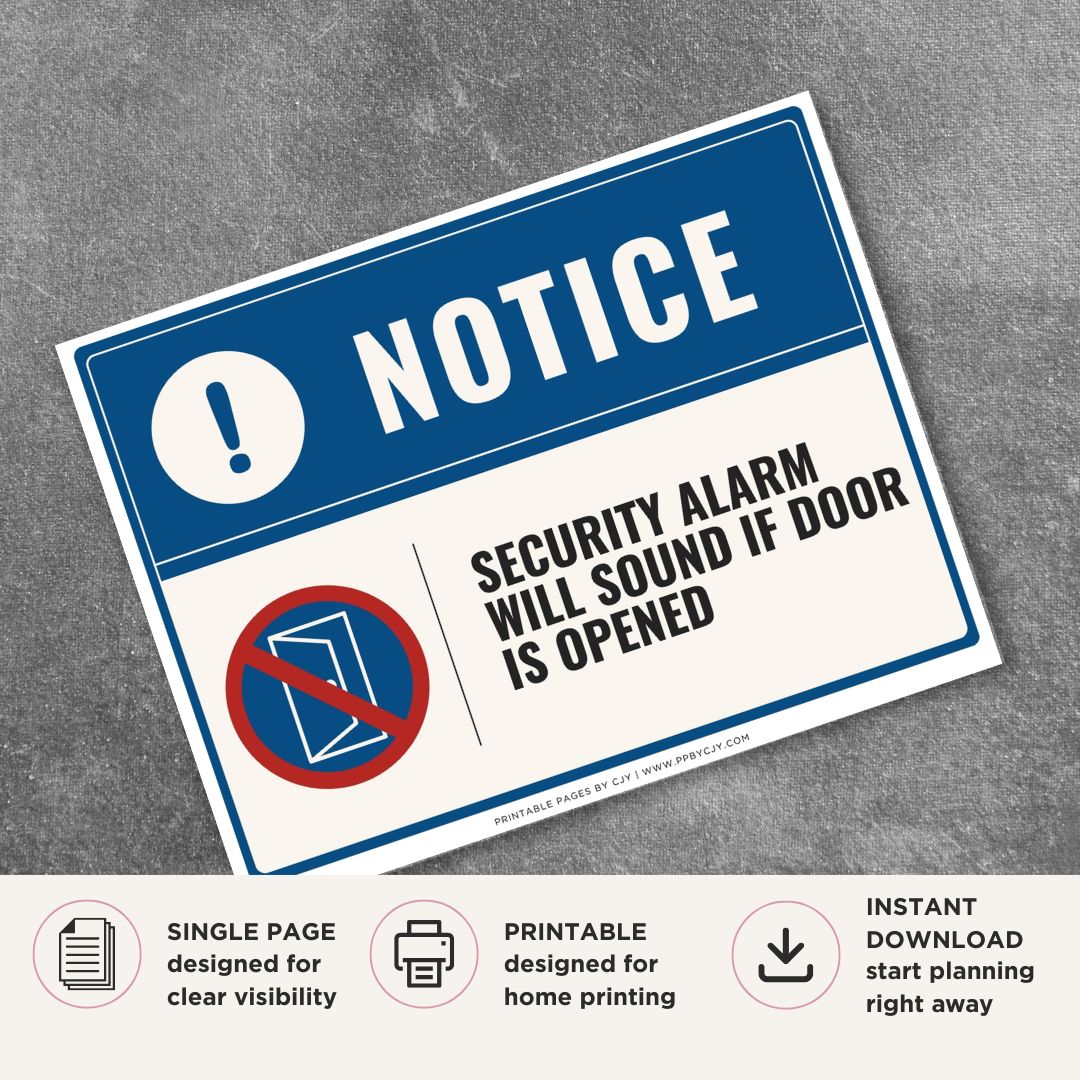 Printable Security Alarm Will Sound If Door Is Opened sign featuring a professional blue notice design, door warning symbol, and building security message for offices, warehouses, retail stores, and commercial properties.