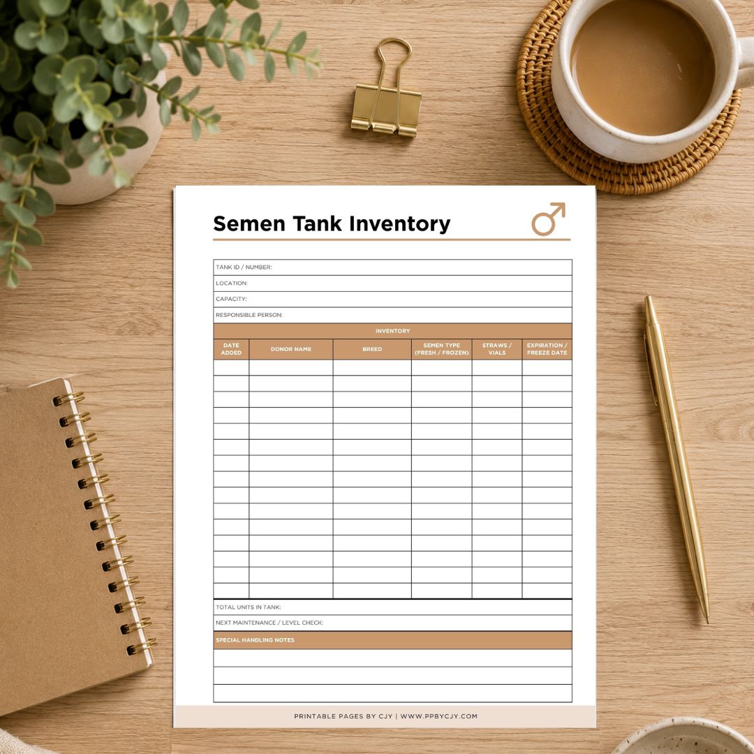 A printed 'Embryo Tank Inventory' planner page laid on a wooden desk, surrounded by a coffee cup, binder clip, notebook, pen, and plant. The page has a white background with black text, gray grid lines, and tan header accents.