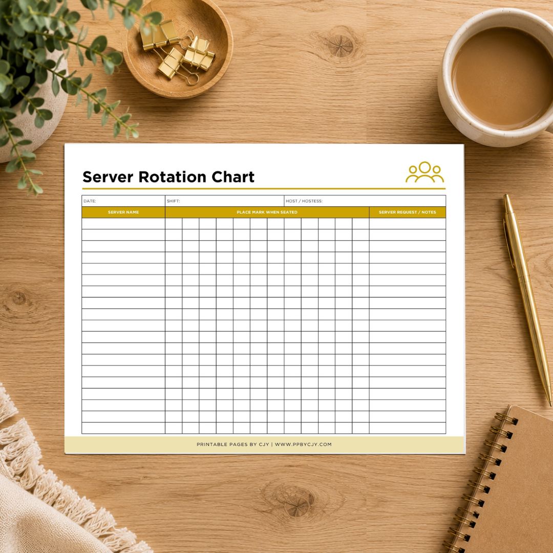 A printable server rotation chart laid flat on a wooden desk with a coffee cup, plant, pen, and notebook around it. The chart has columns for date, shift, and staff name, with a white background and yellow header accents.
