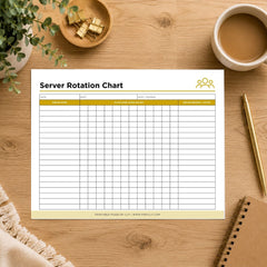 A printable server rotation chart laid flat on a wooden desk with a coffee cup, plant, pen, and notebook around it. The chart has columns for date, shift, and staff name, with a white background and yellow header accents.