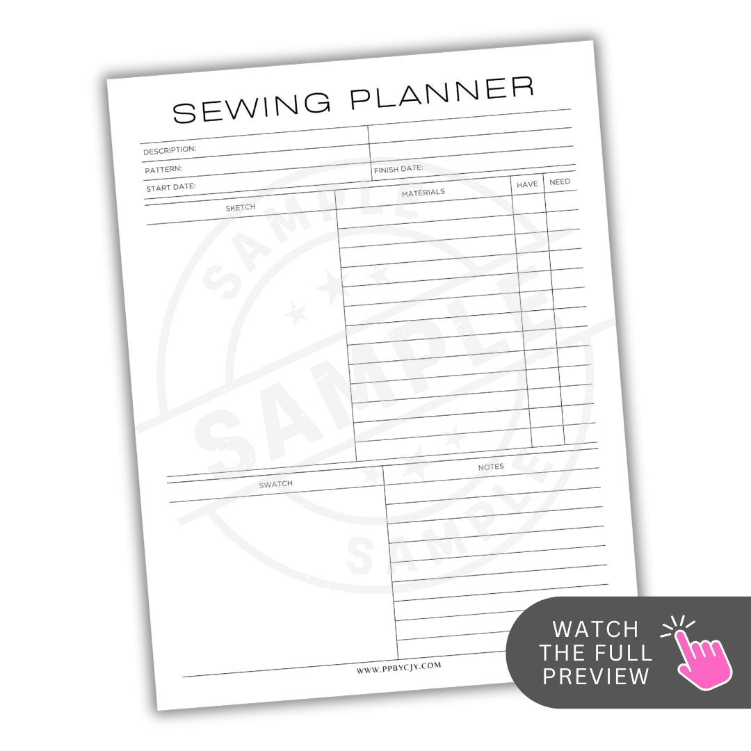 Sewing planner sheet with various fields for recording sewing project details on a white background.