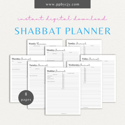 Shabbat Journal Printable PDF Template for organizing meals, blessings, and personal reflections for Shabbat

