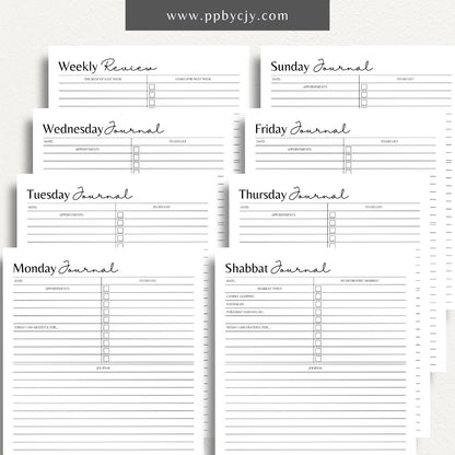 Shabbat Journal Printable PDF Template for organizing meals, blessings, and personal reflections for Shabbat

