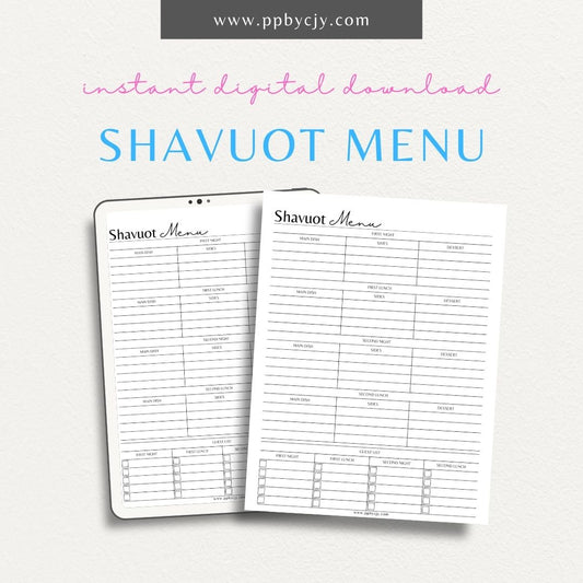 Shavuot Menu Planner Printable PDF Template for organizing holiday meals, shopping, and cooking schedules

