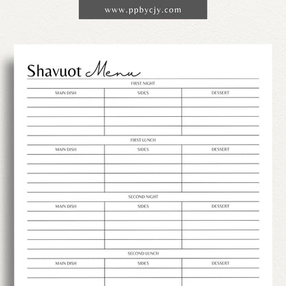 Shavuot Menu Planner Printable PDF Template for organizing holiday meals, shopping, and cooking schedules

