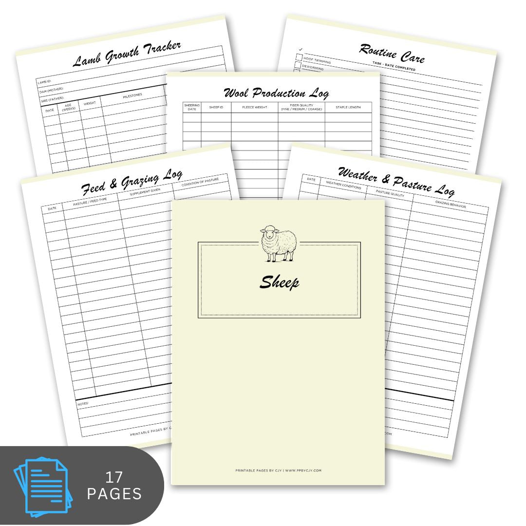 Sheep management logbook with various pages on a white background