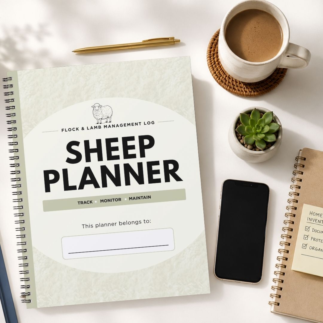 A spiral-bound 'Sheep Planner' from Flock & Lambs Management Log is displayed in a styled flat-lay arrangement on a white surface, surrounded by a cup of coffee, a pen, a small succulent, a smartphone, and another notebook.