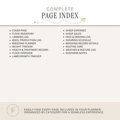A page index cover for a sheep farming or ranching planner, featuring a list of included pages such as cover page, flock inventory, lambing log, wool production log, breeding planner, weight tracker, health & treatment record, flock overview, and lamb growth tracker on the left, and sheep expenses, sheep sales, feed & grazing log, shearing schedule, breeding record details, routine care, weather & pasture log, and shepherd notes on the right.