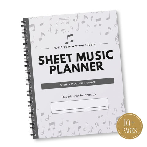 A spiral-bound sheet music writing planner shown at an angle on a white background. The cover is white with black text reading 'SHEET MUSIC PLANNER' and small music note graphics.