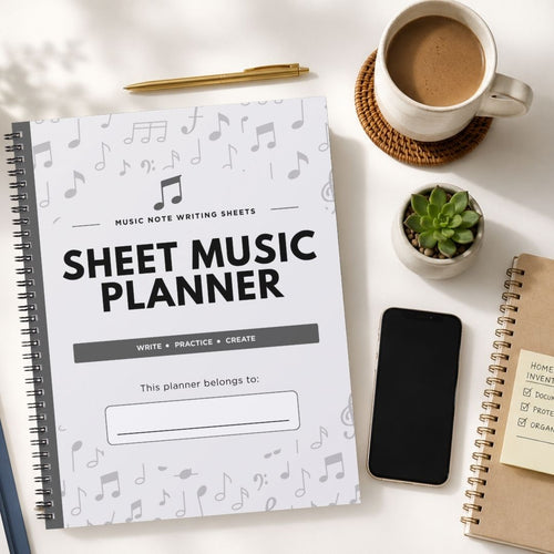 A spiral-bound sheet music planner notebook with a white cover printed with black musical notes and the title 'SHEET MUSIC PLANNER' is shown in a styled flat-lay on a white surface, alongside a pen, coffee cup, small plant, smartphone, and another notebook.