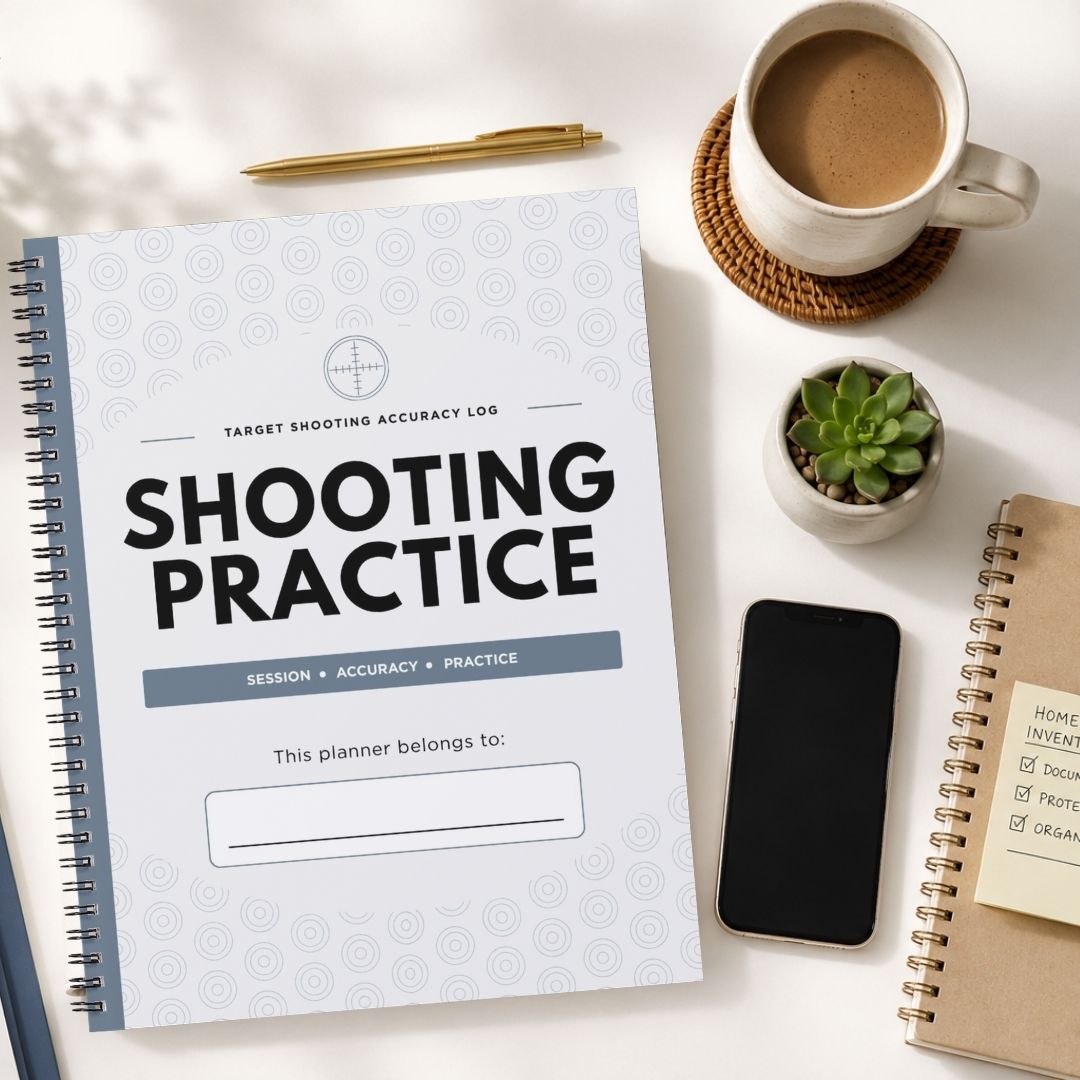 A spiral-bound notebook titled 'SHOOTING PRACTICE' lies on a white tabletop, surrounded by a cup of coffee, a pen, a small succulent, a smartphone, and another notebook.