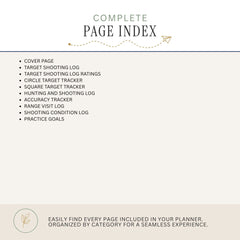 A digital preview of a complete page index for a shooting planner, showing a list of included pages such as a cover page, target shooting log, and various trackers, on a light beige background.