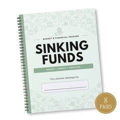 A spiral-bound budget and financial tracker notebook titled 'Sinking Funds' with a mint green cover, black text, and light gray financial icons. A gold circular badge in the bottom right corner reads '8 PAGES'.