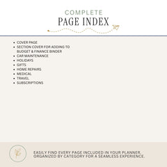 A page index graphic for a planner, showing the title 'COMPLETE PAGE INDEX' at the top and a bulleted list of included page categories such as cover page, budget & finance binder, car maintenance, holidays, gifts, home repairs, medical, travel, and subscriptions. The design is clean and minimal on a light beige background.