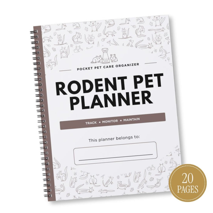 A spiral-bound Pocket Pet Care Organizer titled 'Rodent Pet Planner' on a white background. The cover is white with light gray line drawings of various rodents, bold black text, and a brown accent bar.