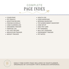 A digital preview of a complete page index for a pet adoption planner, featuring a bulleted list of included pages organized by category on a light beige background.
