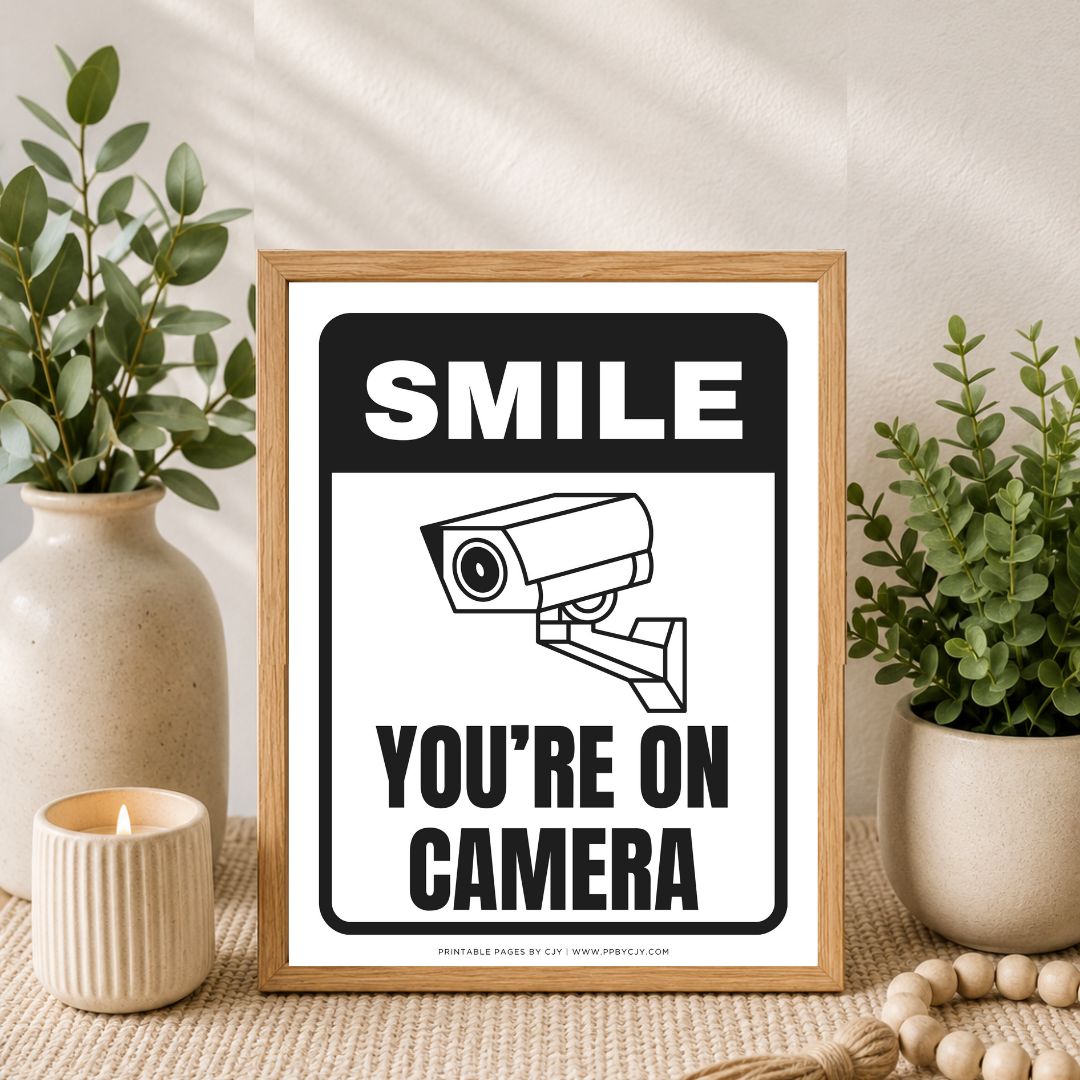 A framed novelty sign with a wood frame, featuring the text 'SMILE YOU'RE ON CAMERA' and a black-and-white security camera illustration, styled on a tabletop with plants and a candle.