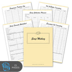 Set of soap-making worksheets and a notebook titled 'Soap Making' on a white background.