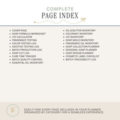 A beige informational graphic titled 'COMPLETE PAGE INDEX' listing categories of pages included in a soap maker planner, such as cover page, soap formula worksheet, lye calculator, fragrance testing, color testing log, colorant inventory, oil and butter inventory, and various log sheets. The text is arranged in two columns on a light beige background with a thin dark blue horizontal line and a small paper airplane icon.