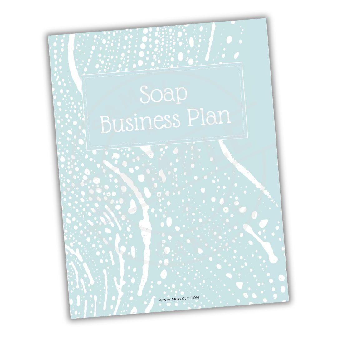 Soap Business Plan document with a light blue cover and white text on a white background